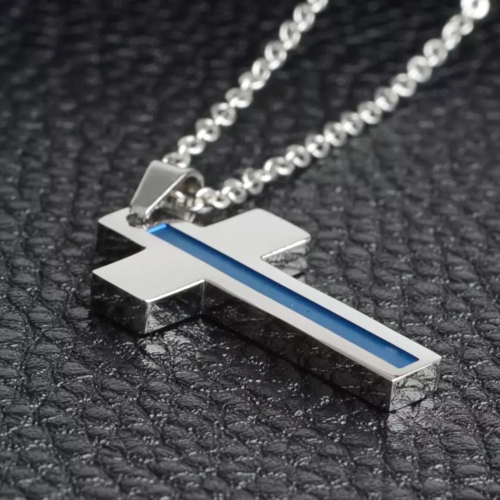 Thin Blue Line Cross Pendant Necklace